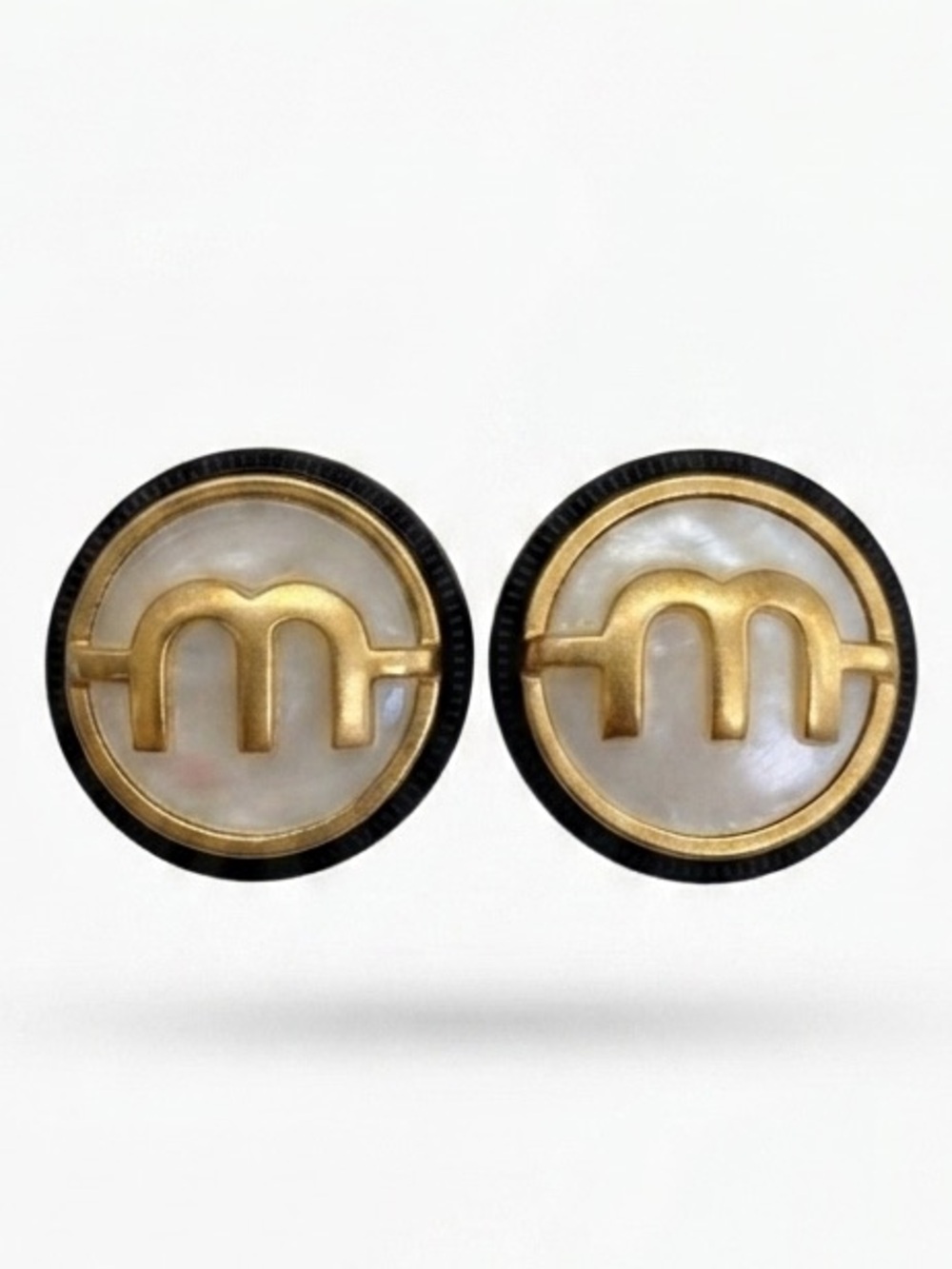Gold & Faux Mother-of-Pearl Round Logo Earrings